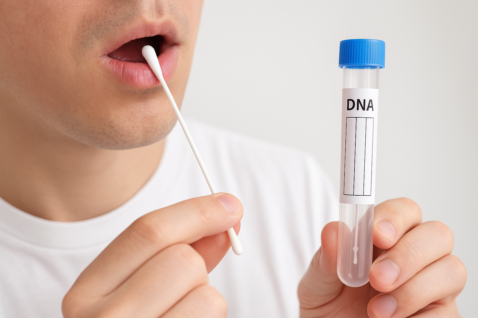 Close-up of a cheek swab collection process or DNA sampling kit