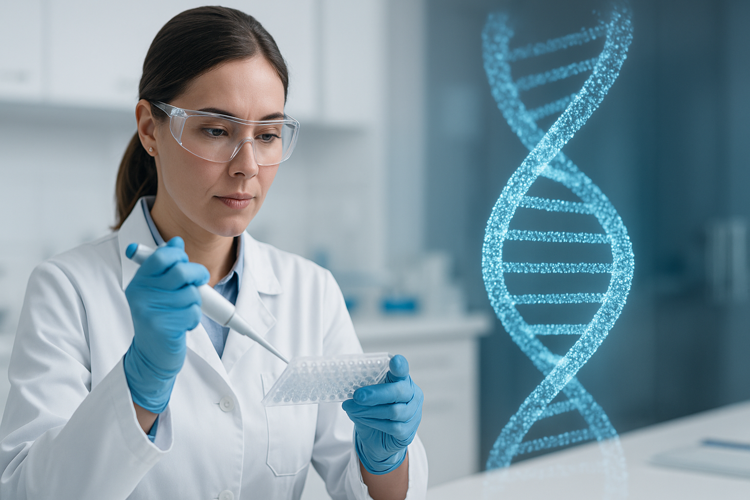 Laboratory technician handling DNA samples or DNA double helix visualization